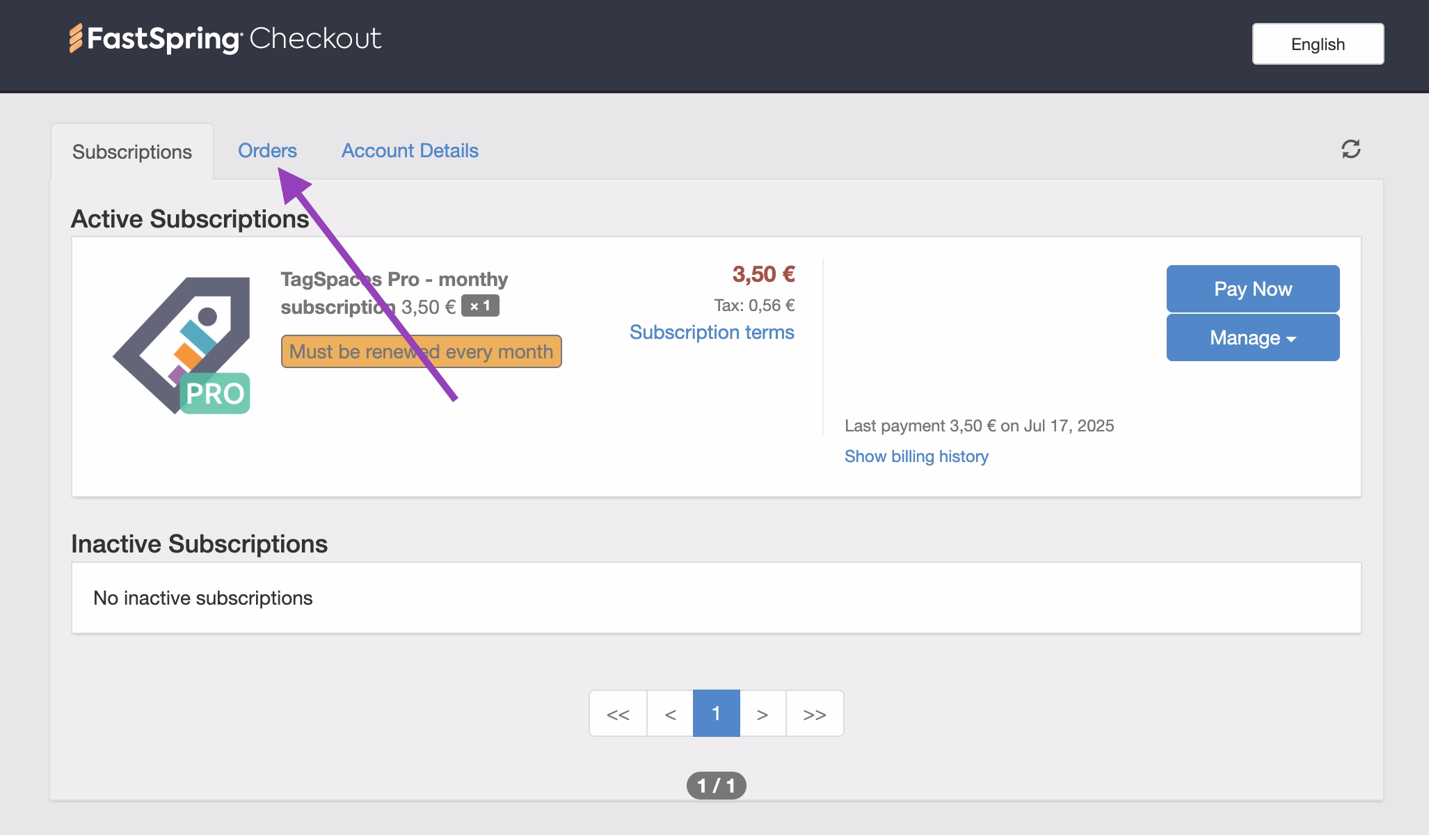 Subscriptions overview screen