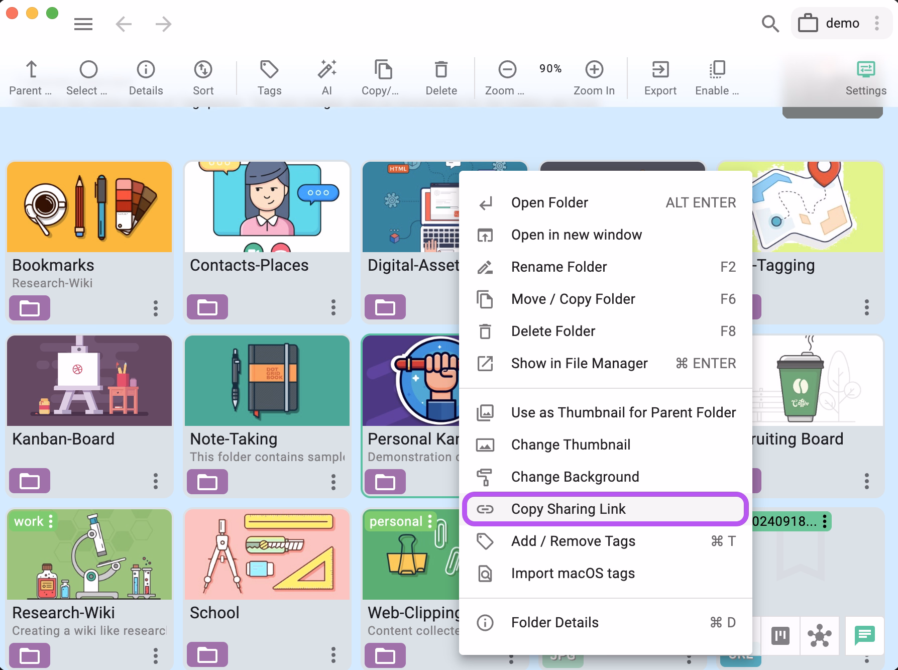 Context menu of a file containing the 'Copy Sharing Link' functionality