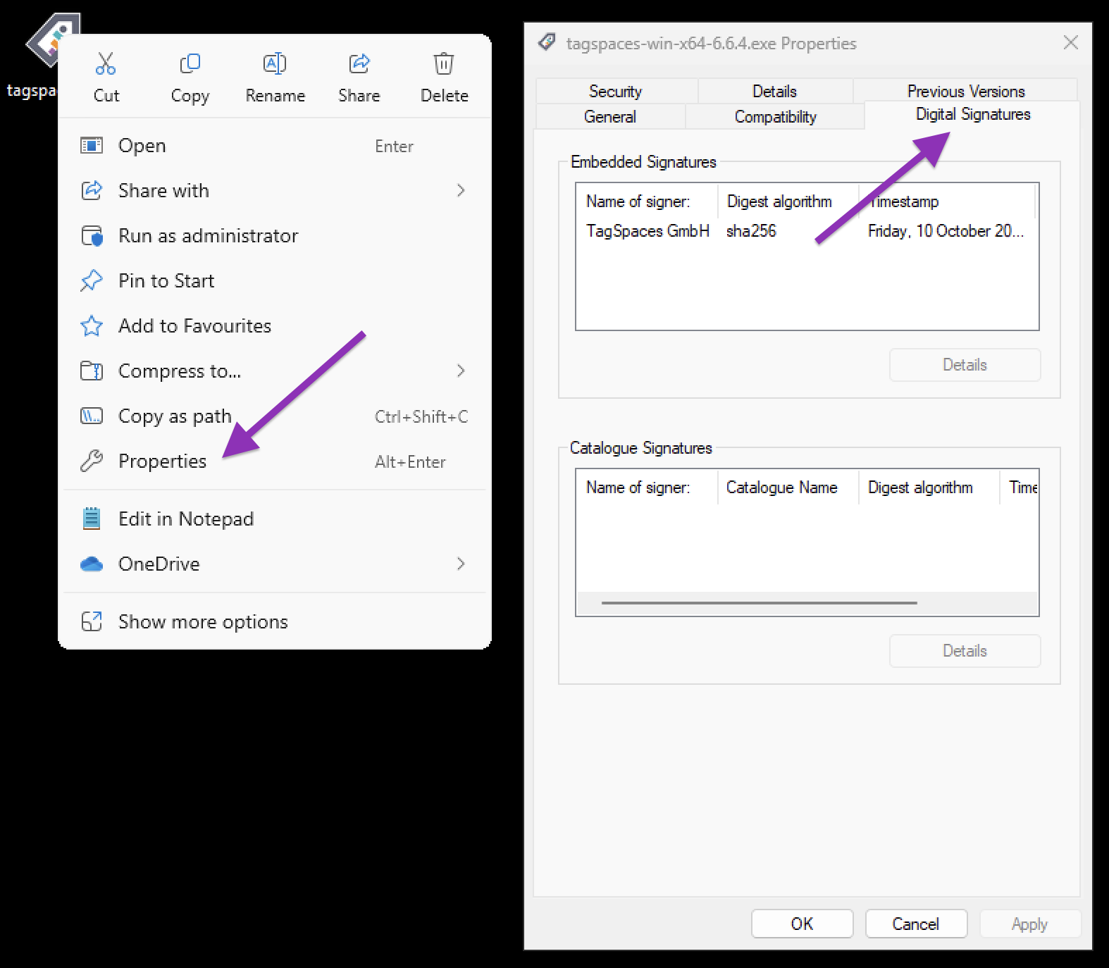 Screenshot showing how to check if the Windows installer is signed