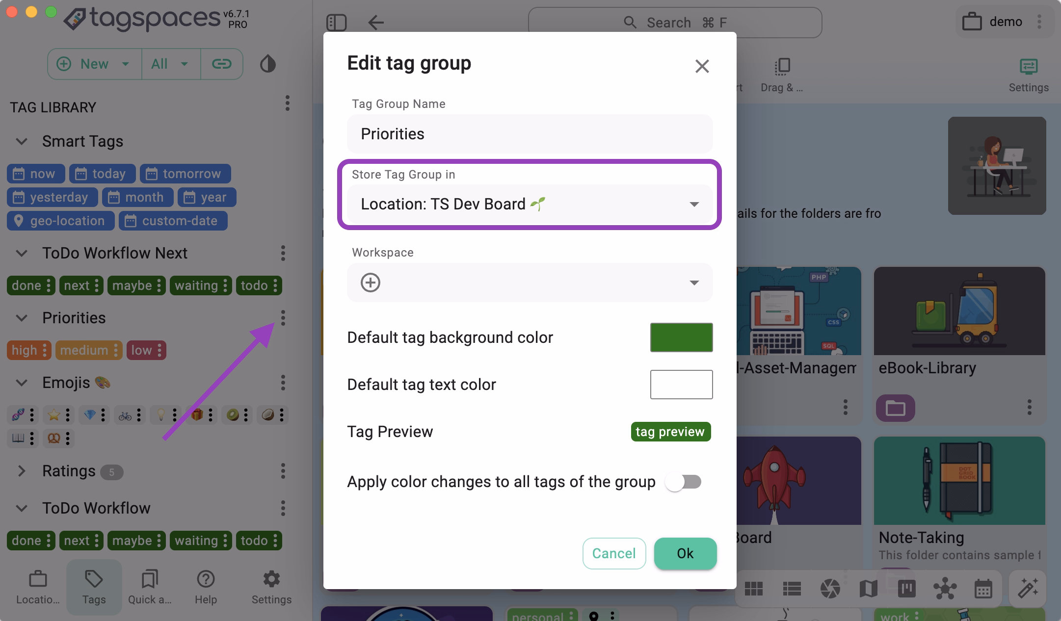 Choosing in which location to store the tag group