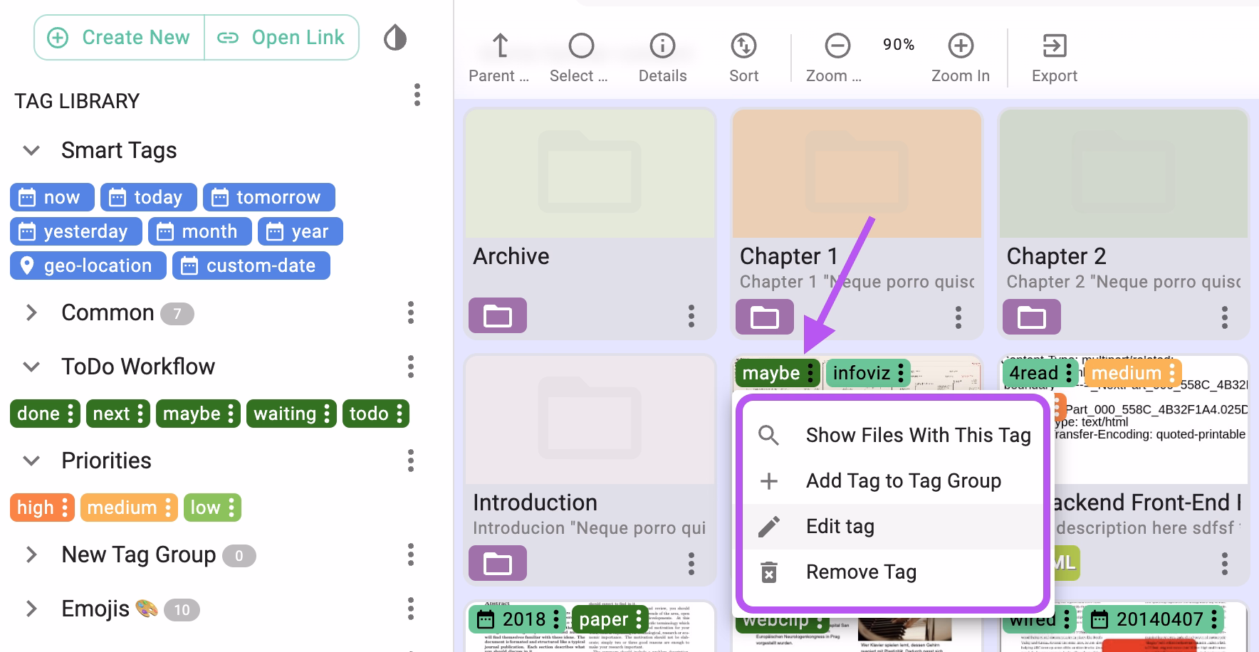 The tag context menu from a tagged file or folder