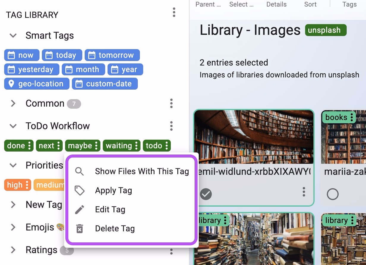 Tag menu in the tag library