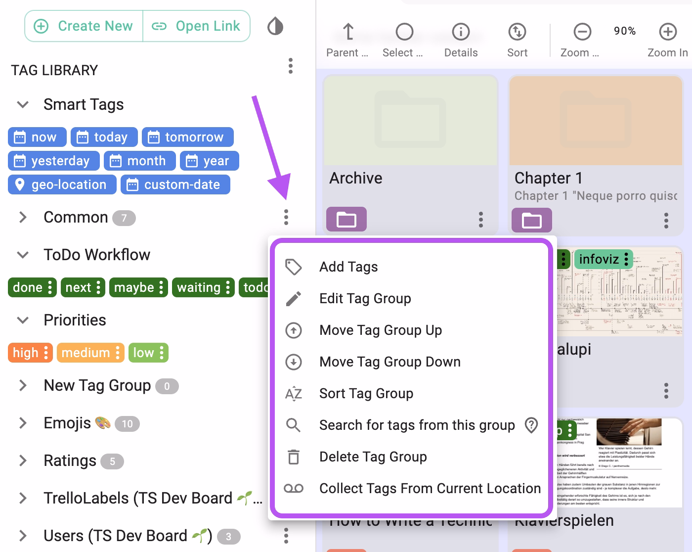The context menu for a tag group