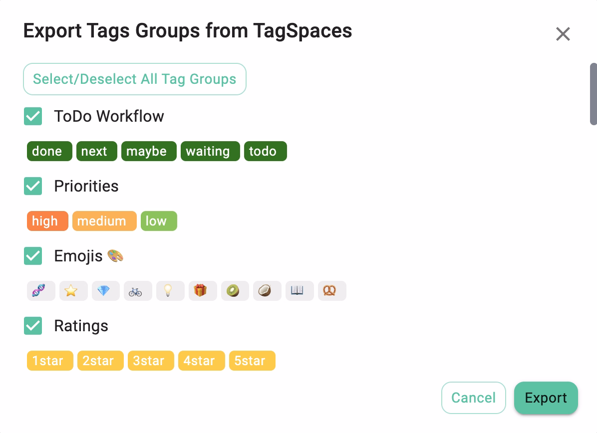 Selecting tag groups for export