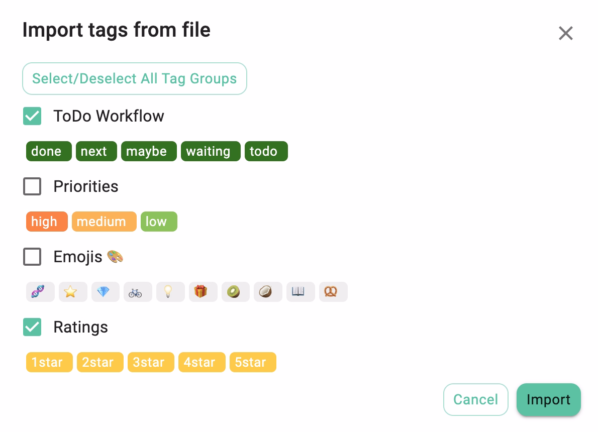Dialog for importing tag groups