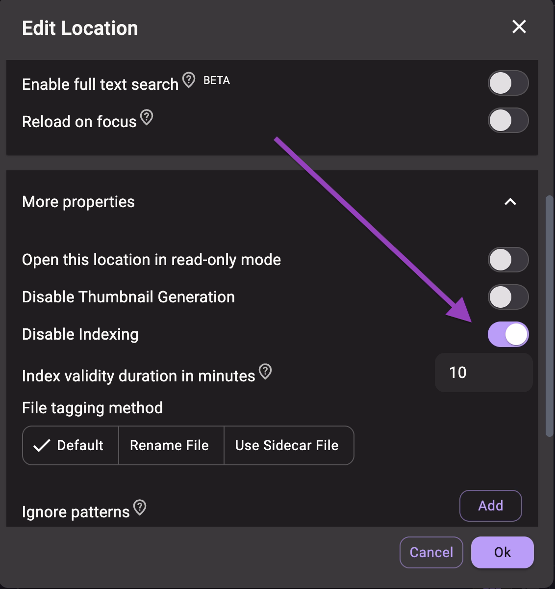 The 'Disable Indexing' option in the TagSpaces location properties