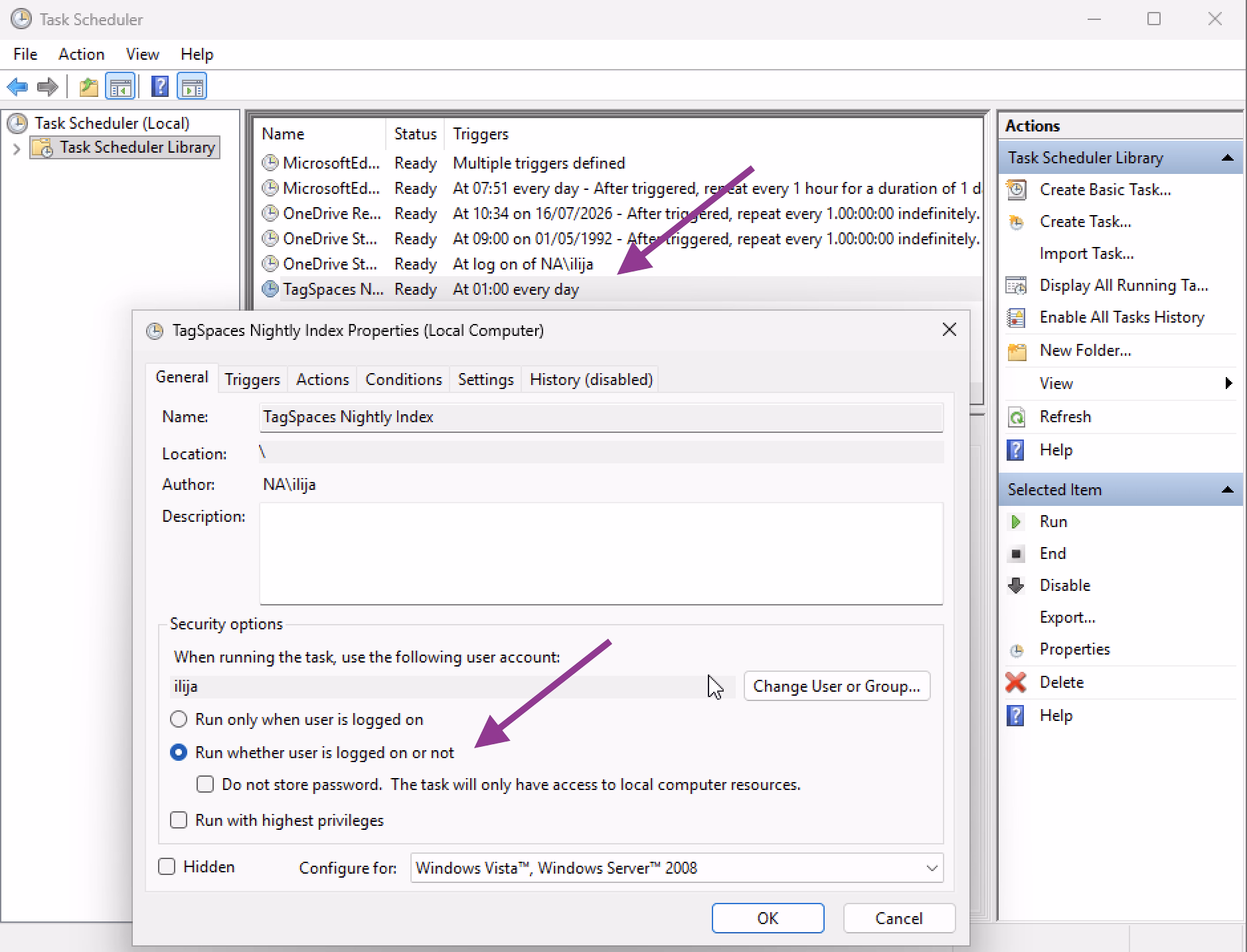 The task properties with 'Run whether user is logged on or not' selected