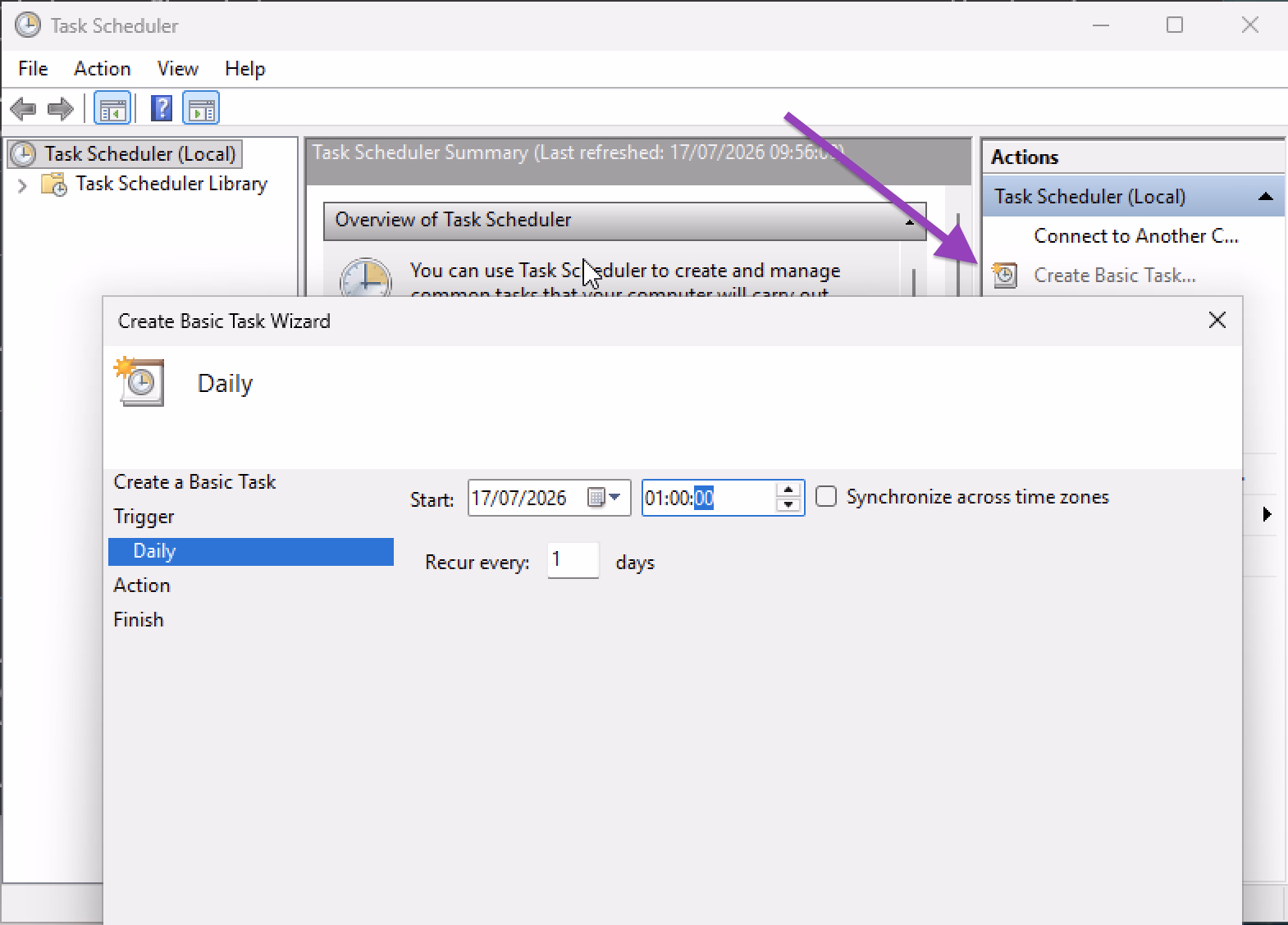 Setting the daily 1:00 AM trigger in the Create Basic Task wizard