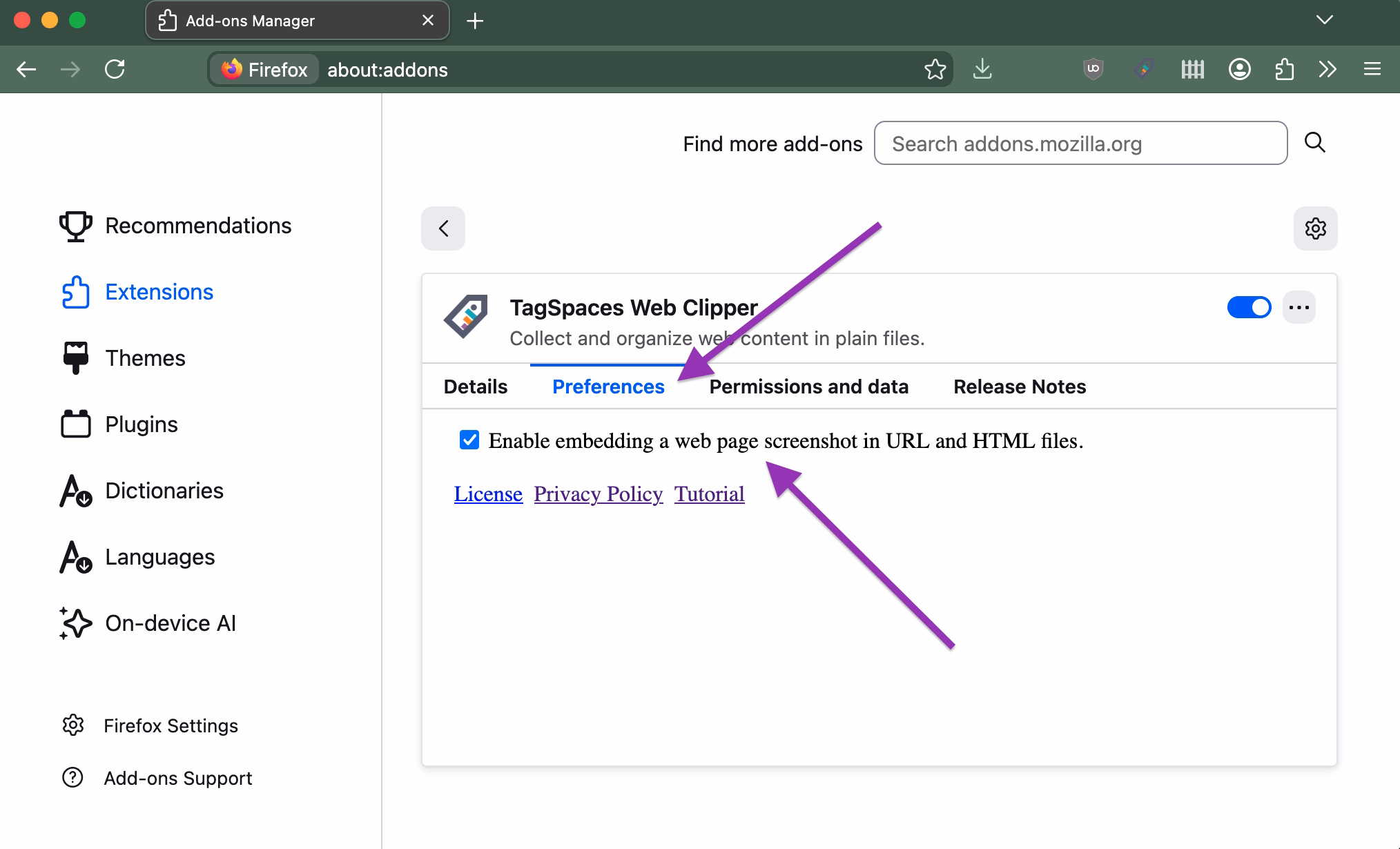 Extensions preferences in Firefox