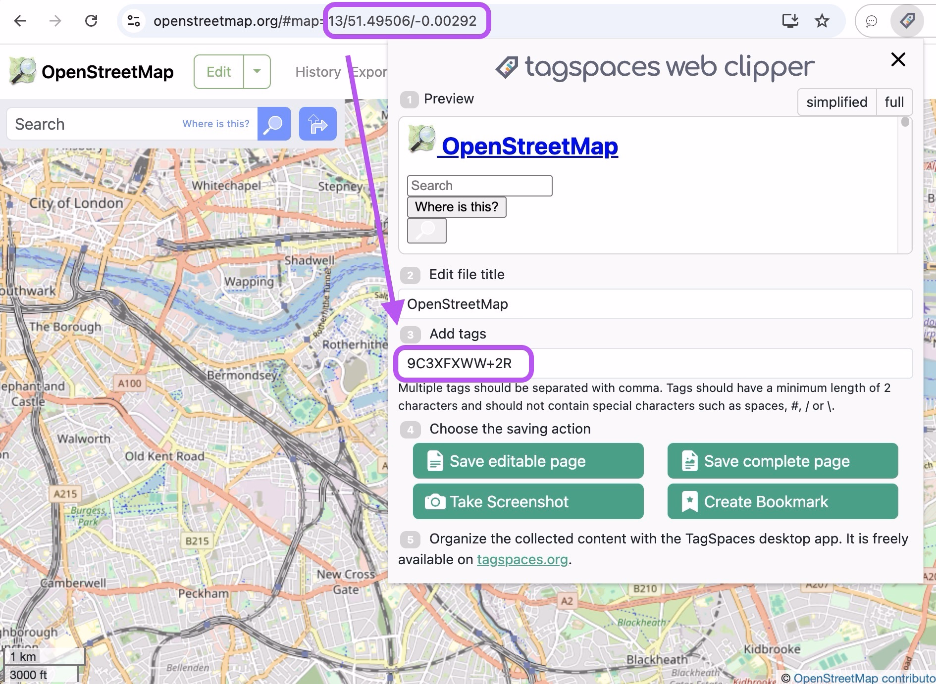 A screenshot showing the extracted geo location as Plus Code