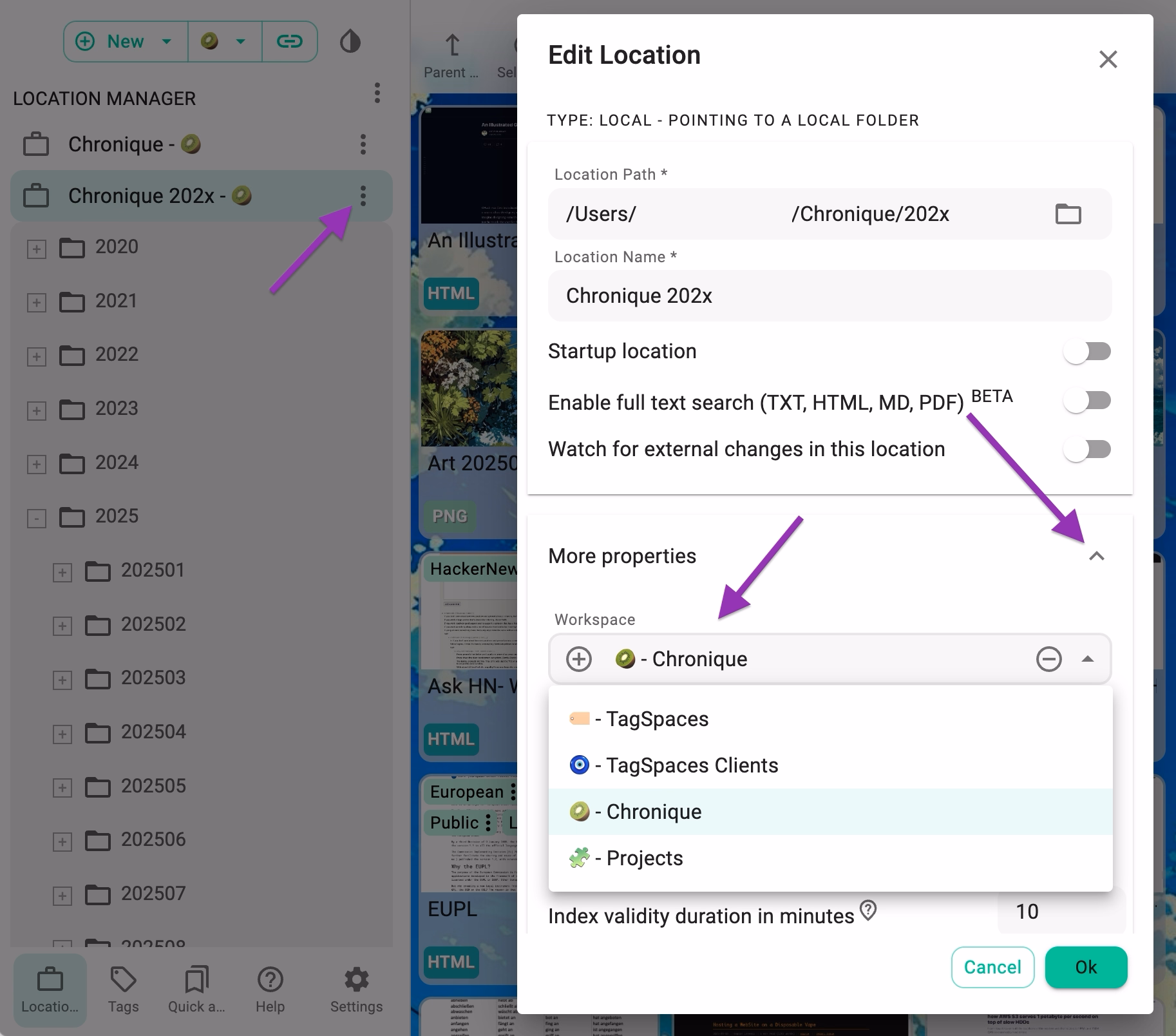 Screenshot of the location properties dialog, where you can assign workspace to a location